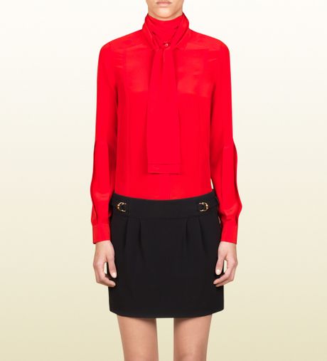 Gucci Pleated Sash Blouse in Red - Lyst