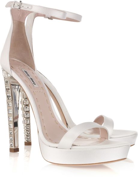 Miu Miu Crystalheel Silksatin Platform Sandals in White - Lyst
