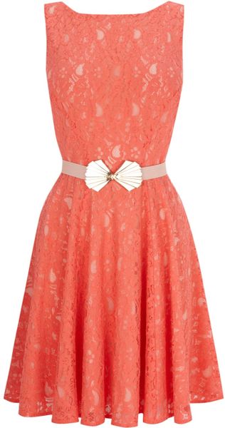 Oasis Deco Belted Lace Fit and Flare Dress in Red (coral) - Lyst