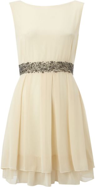 Tfnc Belted Stud Dress with Drape Skirt in Beige (cream) - Lyst