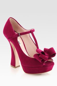 Miu Miu Suede Peep Toe Tstrap Bow Pumps - Lyst