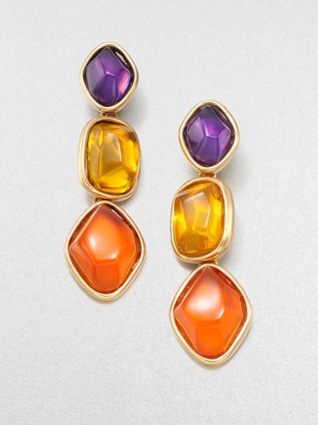 Oscar De La Renta Stone Accented Graduated Drop Clipon Earrings in Gold - Lyst