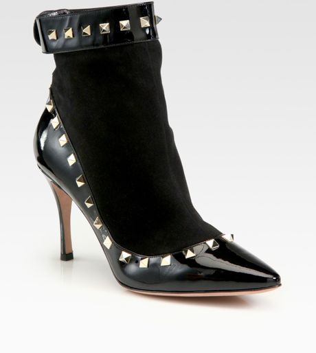 Valentino Rockstud Suede and Patent Leather Ankle Boots in Black - Lyst