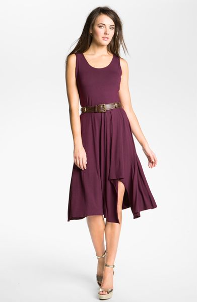 Calvin Klein Belted Jersey Dress in Purple (sangria) - Lyst