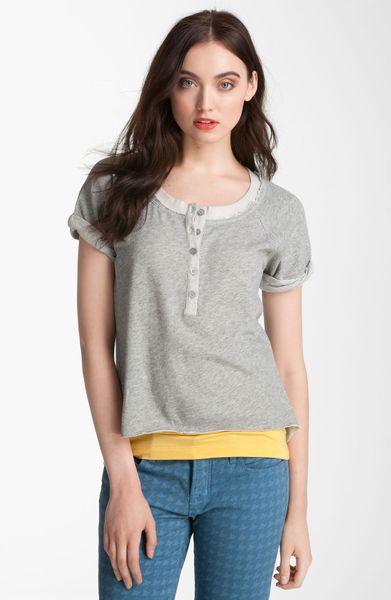 Kensie Raw Edge Henley Top in Gray (heather grey) - Lyst