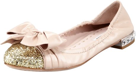 Miu Miu Glittertoe Scrunch Ballerina in Beige - Lyst