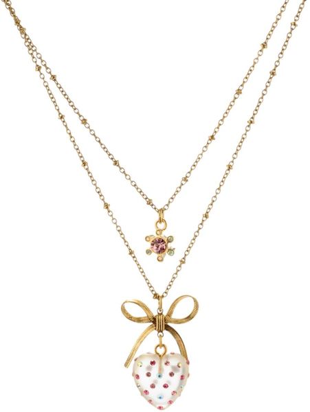Betsey Johnson Double Row Clear Heart and Bow Pendant in Silver - Lyst