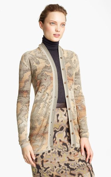 Missoni Long Pointelle Cardigan in Gray (khaki multi) - Lyst