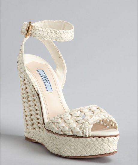Prada Ivory Woven Leather Peep Toe Wedge Sandals in White (ivory) - Lyst