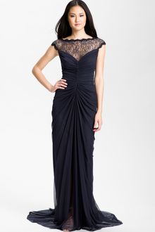 Tadashi Shoji Lace Illusion Yoke Ruched Mesh Gown - Lyst