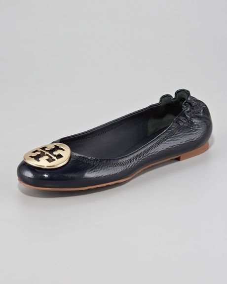 Tory Burch Reva Tumbled Patent Ballerina Flat Navy in Black (tory navy gold) - Lyst