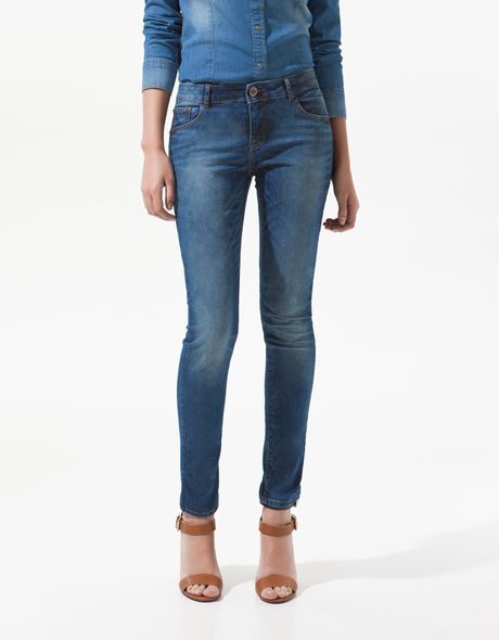 Zara Light Blue Satin Skinny Jeans in Blue