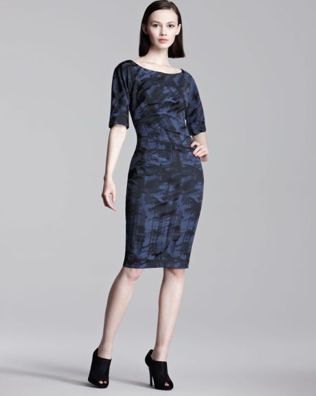 Lela Rose Weathered Print Stretch Dress in Blue (midnight) - Lyst