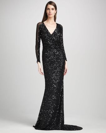 Pamella Roland Sheersleeve Sequin Gown - Lyst