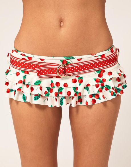 Juicy Couture Cherry Print Ruffle Skirted Bikini Bottom In White Lyst