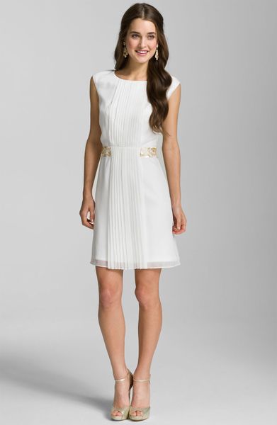 Calvin Klein Pleat Front Chiffon Dress in White (ivory) - Lyst