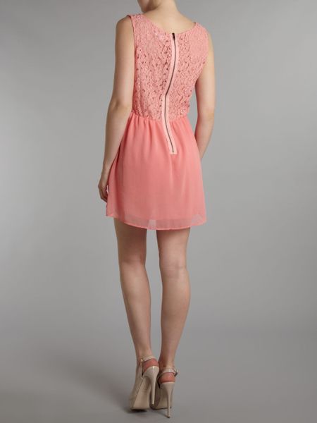Glamorous Sleeveless Lace Top Floaty Skirt Dress in Pink (coral) | Lyst