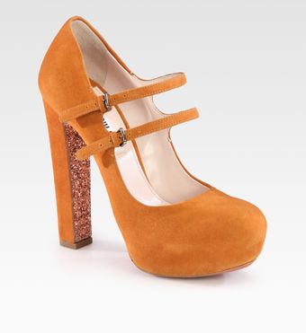 Miu Miu Suede Glitter Sole Double Buckle Mary Jane Pumps - Lyst