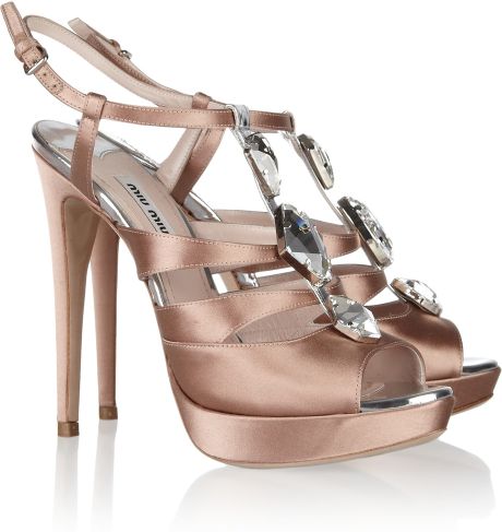 Miu Miu Crystalembellished Satin Sandals in Pink (rose) - Lyst