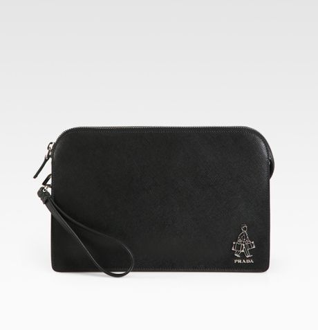 Prada Saffiano Leather Wristlet in Black for Men - Lyst