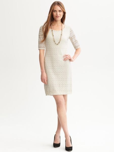 Banana Republic Threequarter Sleeve Lace Knit Dress In Beige Cocoon Lyst 7492