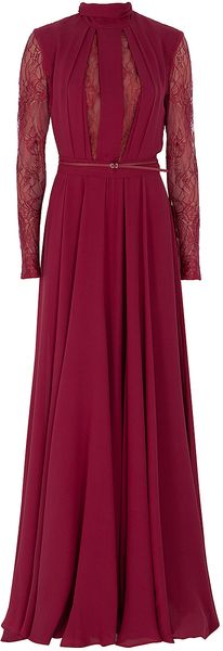 Elie Saab Lace Insert Long Sleeved Gown in Red (gold) - Lyst