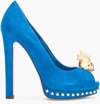 Alexander McQueen Blue Suede Skull Pumps - Lyst