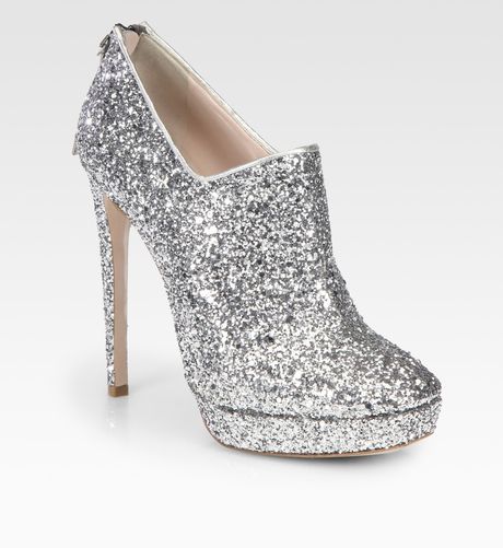 Miu Miu Glittercoated Platform Ankle Boots in Silver - Lyst