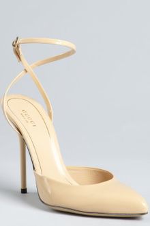Gucci Beige Patent Leather Pointed Toe Strappy Heel Mules - Lyst