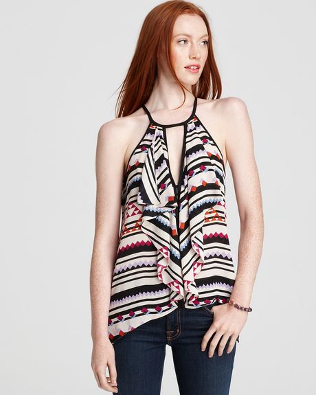Bcbgmaxazria Top Claudia Cascade Ruffle Halter in Multicolor (bright raspberry combo) - Lyst