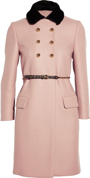 Miu Miu Shearling Collar Double Breasted Wool Coat in Pink (blush) - Lyst