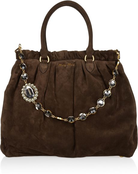 Miu Miu Crystal Chain Strap Suede Tote in Brown (chocolate) - Lyst