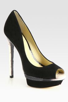 B Brian Atwood Snakeprint Leather and Suede Platform Pumps - Lyst