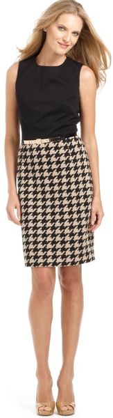 Calvin Klein Sleeveless Belted Houndstooth Sheath in Black - Lyst