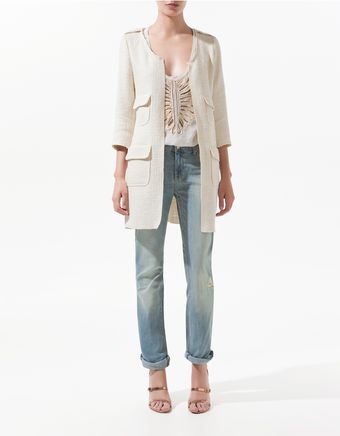 Zara Combined Basket Weave Coat with Pockets - Lyst