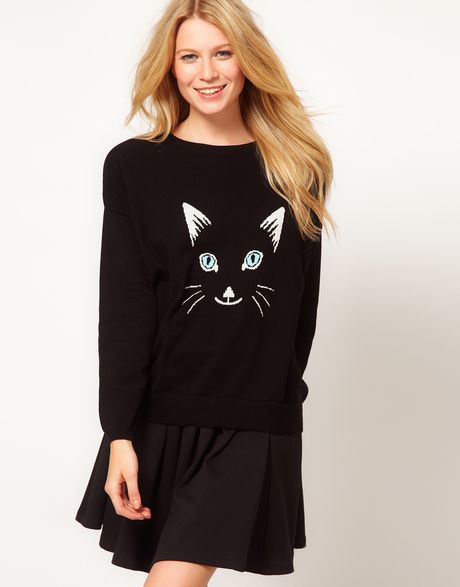 Asos Cat Face Sweater in Black | Lyst