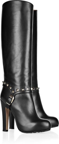 Valentino Studded Leather Knee Boots in Black - Lyst