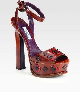 Prada Leather Flower Ankle Strap Platform Sandals - Lyst