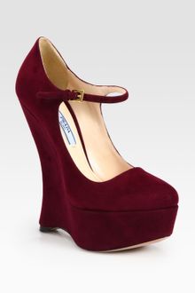 Prada Suede Mary Jane Ankle Strap Wedge Pumps - Lyst