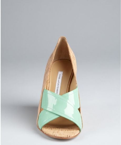 Diane Von Furstenberg  Patent and Cork Tafari Covered Wedges in Beige (mint) - Lyst