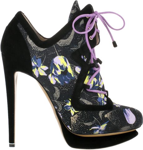 Nicholas Kirkwood Laceup Pumps in Black Suede and Floral Patterned Cotton Canvas in Black - Lyst
