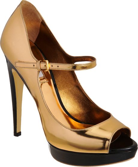 Miu Miu Platform Peep Toe Mary Jane in Gold (black) - Lyst