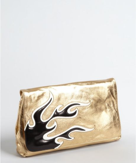 Prada  Leather Foldover Flame Large Clutch in Gold - Lyst