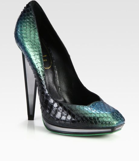 Yves Saint Laurent Snake Skin Mirror Heel Platform Pumps in Green (forest) - Lyst