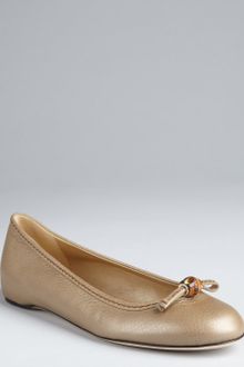 Gucci Gold Leather Bamboo Bow Flats - Lyst