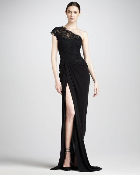 Monique Lhuillier Lace Bodice Jersey Gown in Black (noir) - Lyst