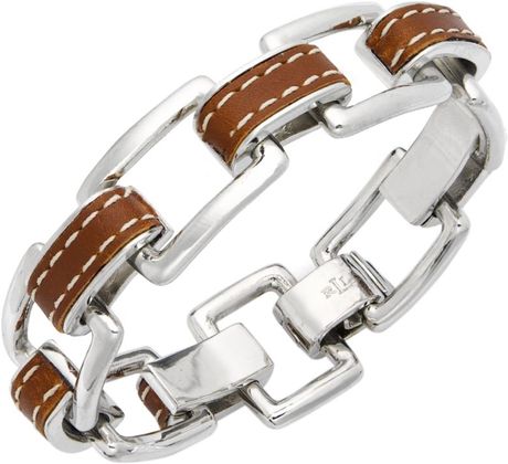 Lauren By Ralph Lauren Silver Tone Leather Link Bracelet in Brown (silver) - Lyst