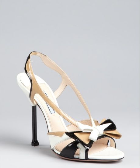 Prada White and Sand Patent Leather Cutout Slingback Sandals in Beige (white) - Lyst