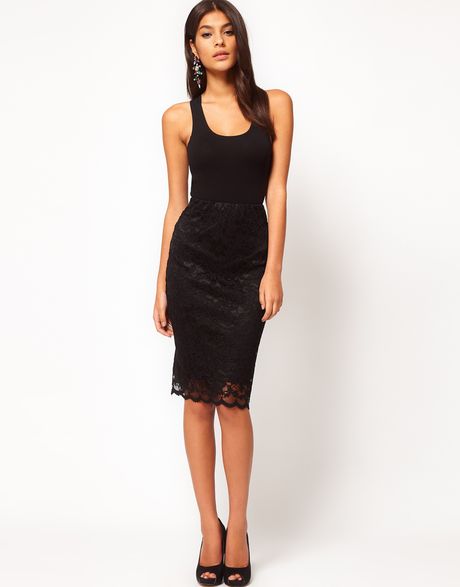 Asos Collection Pencil Skirt in Lace with Scallop Hem in Black - Lyst