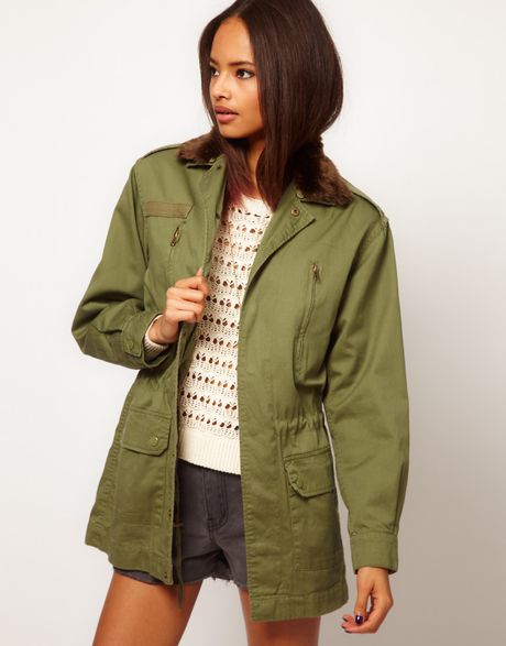 Asos Collection  Army Jacket with Detachable Fur Trim in Green (khaki) - Lyst